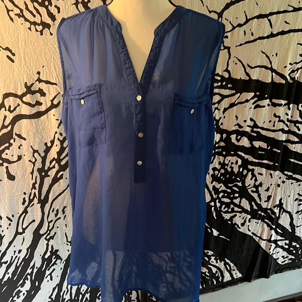 Shear royal blue half button up summer top.